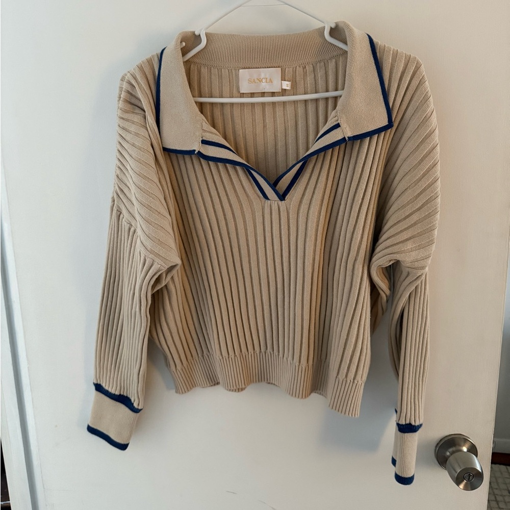Sancia Cream Sweater with Blue Trim Size S